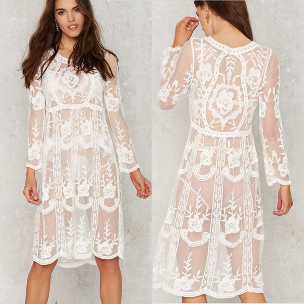 NEW Raga White Sheer Flowy Floral Embroidered Mini Cover Up Dress Revolve